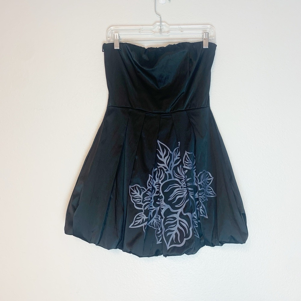 Vintage Xi Bubble Hem Mini Dress Womens Small Strapless Satin‎ Floral Graphic S